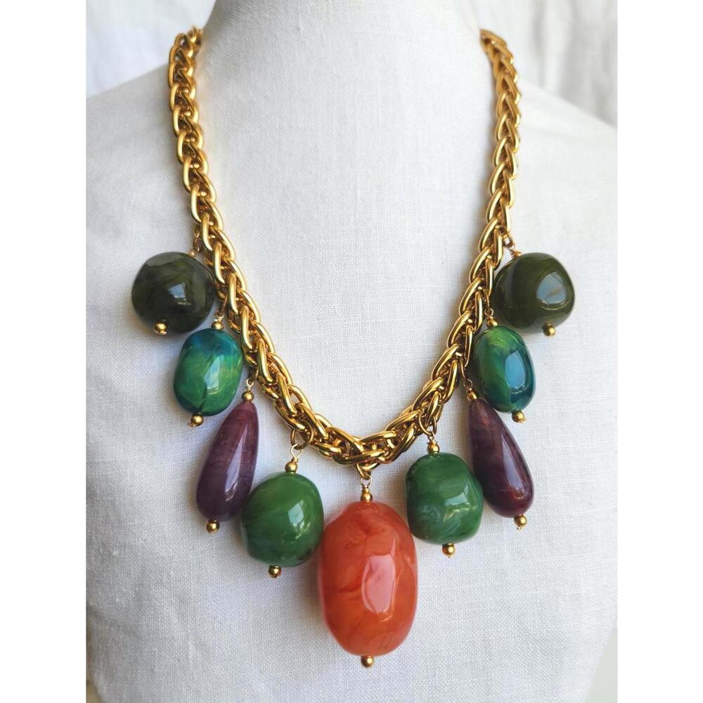 Vintage Monet Chunky Rope Chain with Large Multi colored Resin Bead Dangles